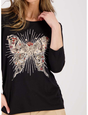 Camiseta negra con mariposa para mujer - Monari