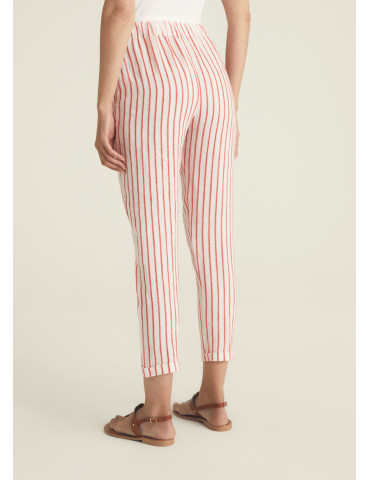 Pantalón rayas de lino con cintura elástica para mujer - Rosso 35