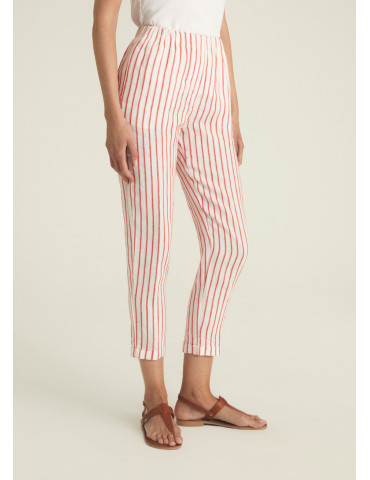 Pantalón rayas de lino con cintura elástica para mujer - Rosso 35