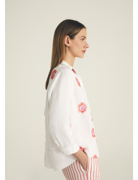Camisa de lino bordado flores para mujer - Rosso 35