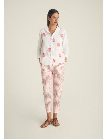 Camisa de lino bordado flores para mujer - Rosso 35