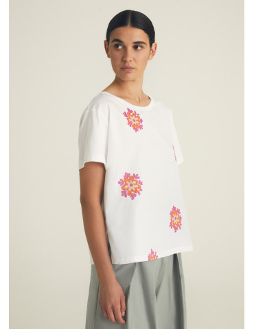 Camiseta de popelina bordado flor para mujer - Rosso 35