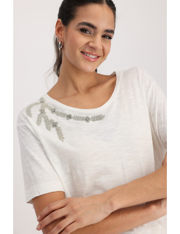 Camiseta beige de mujer con aplicación pedrería - Monari